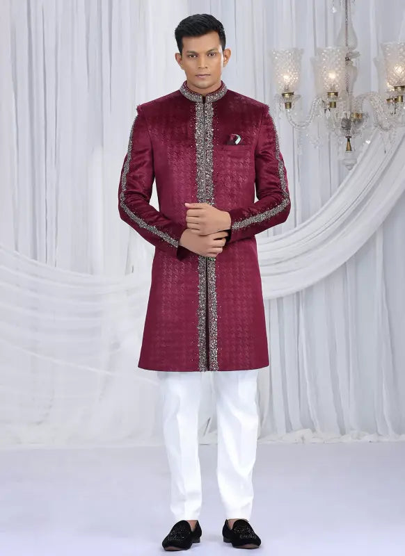 Men's Embosed Velvet Embroidery Work Sherwani Set In Wine Color