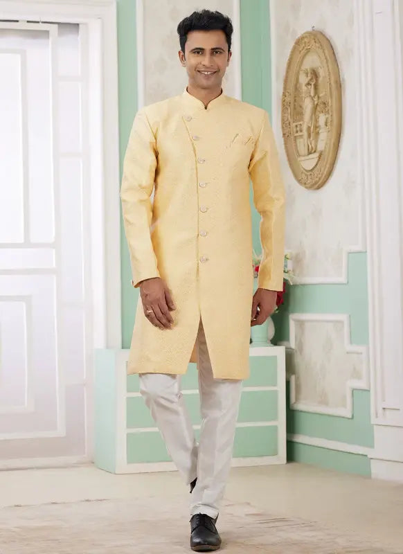 Men's Yellow Banarasi Jacquard Embroidery Indo Western Set