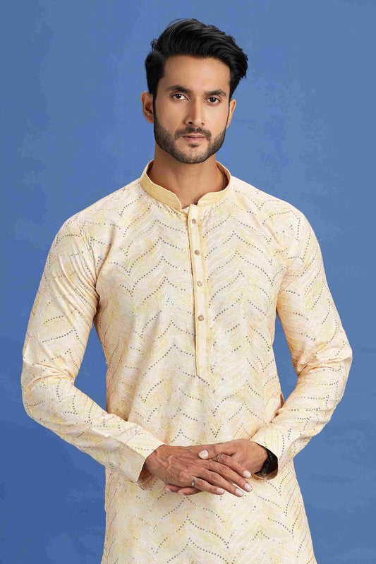Men's Yellow Cotton Embroidery Collar Neck Pajama Set