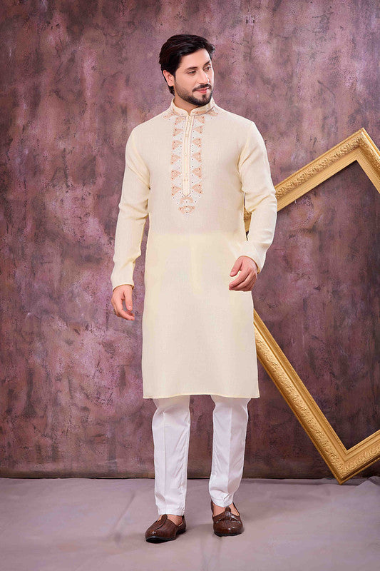 Men's Yellow Linen Cotton Embroidery Collar Neck Pajama Set