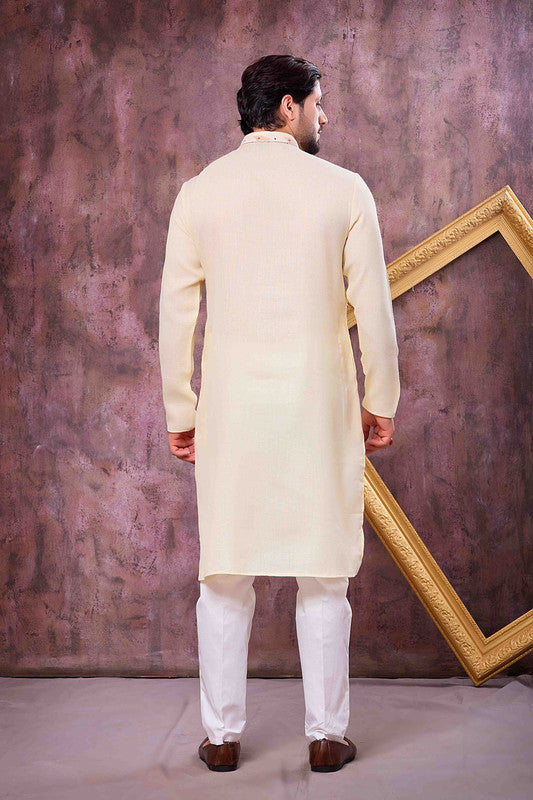 Men's Yellow Linen Cotton Embroidery Collar Neck Pajama Set