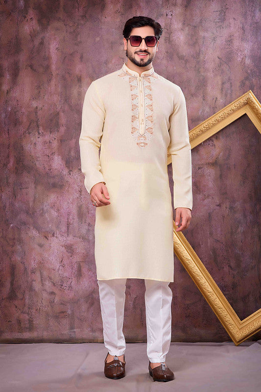 Men's Yellow Linen Cotton Embroidery Collar Neck Pajama Set