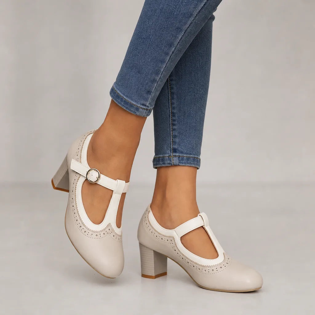 White Rayburn women's orthopedic Mary Jane heels by Qivii, stylish and supportive footwear for women from Hudson Ridge.