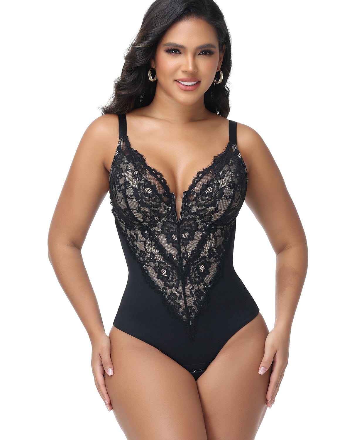 Shapshe® Sexy Plunge Lace Shapewear Bodysuit With Hook Crotch