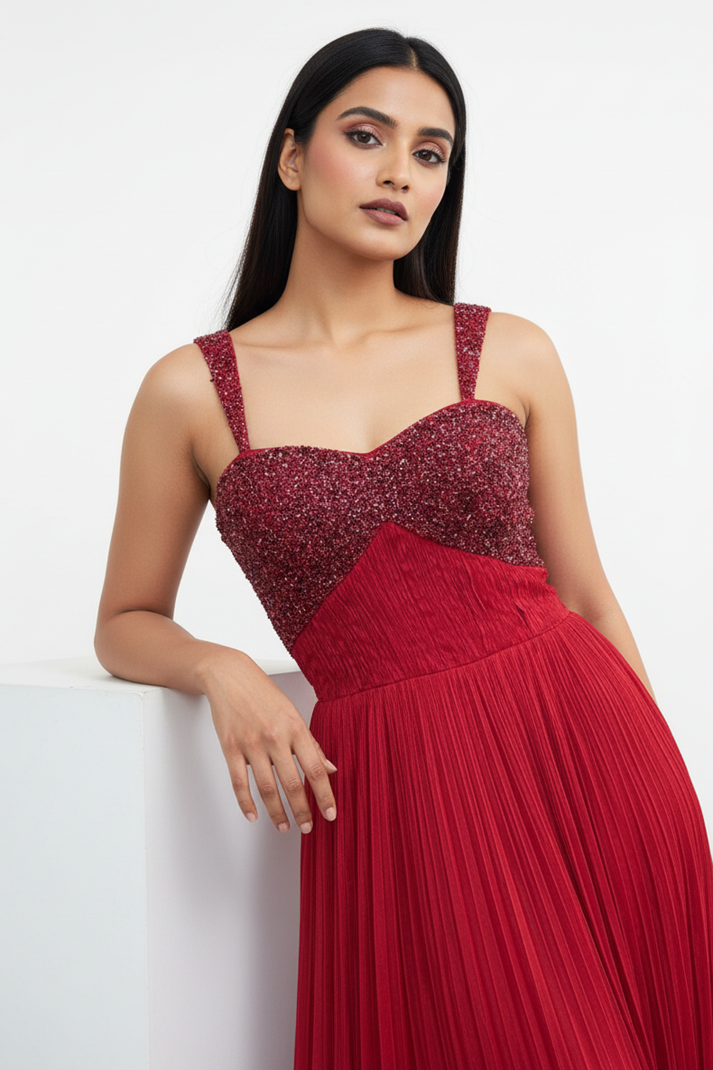 Red Embellished Pleated Gown