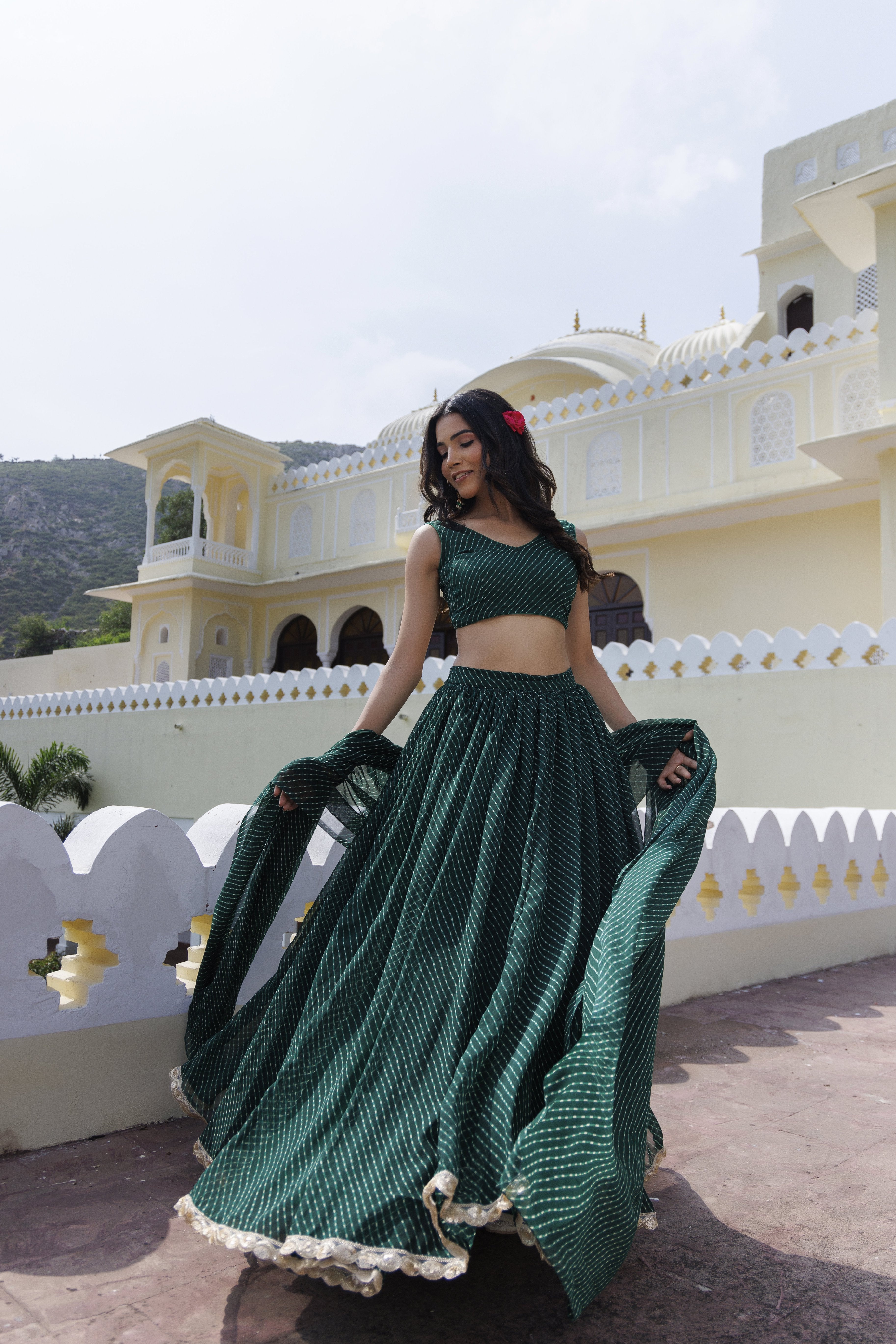 Emerald Green Leheriya Lehenga Set - By Ragavi - qivii