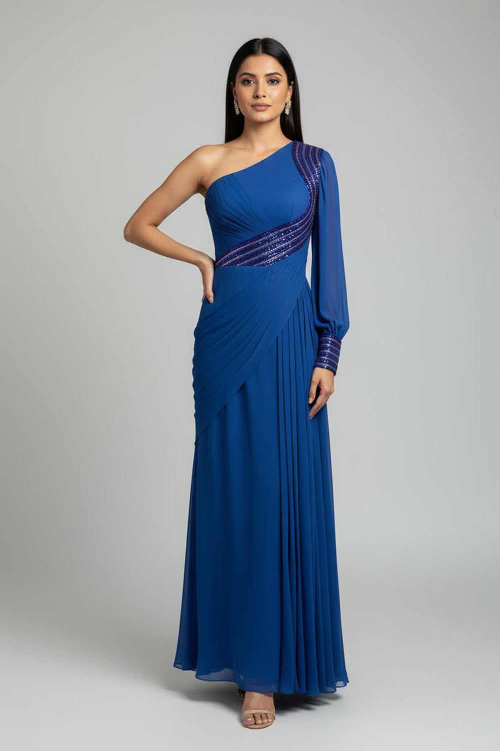 Royal Blue Embellished One Sleeve Gown with Drape Detail