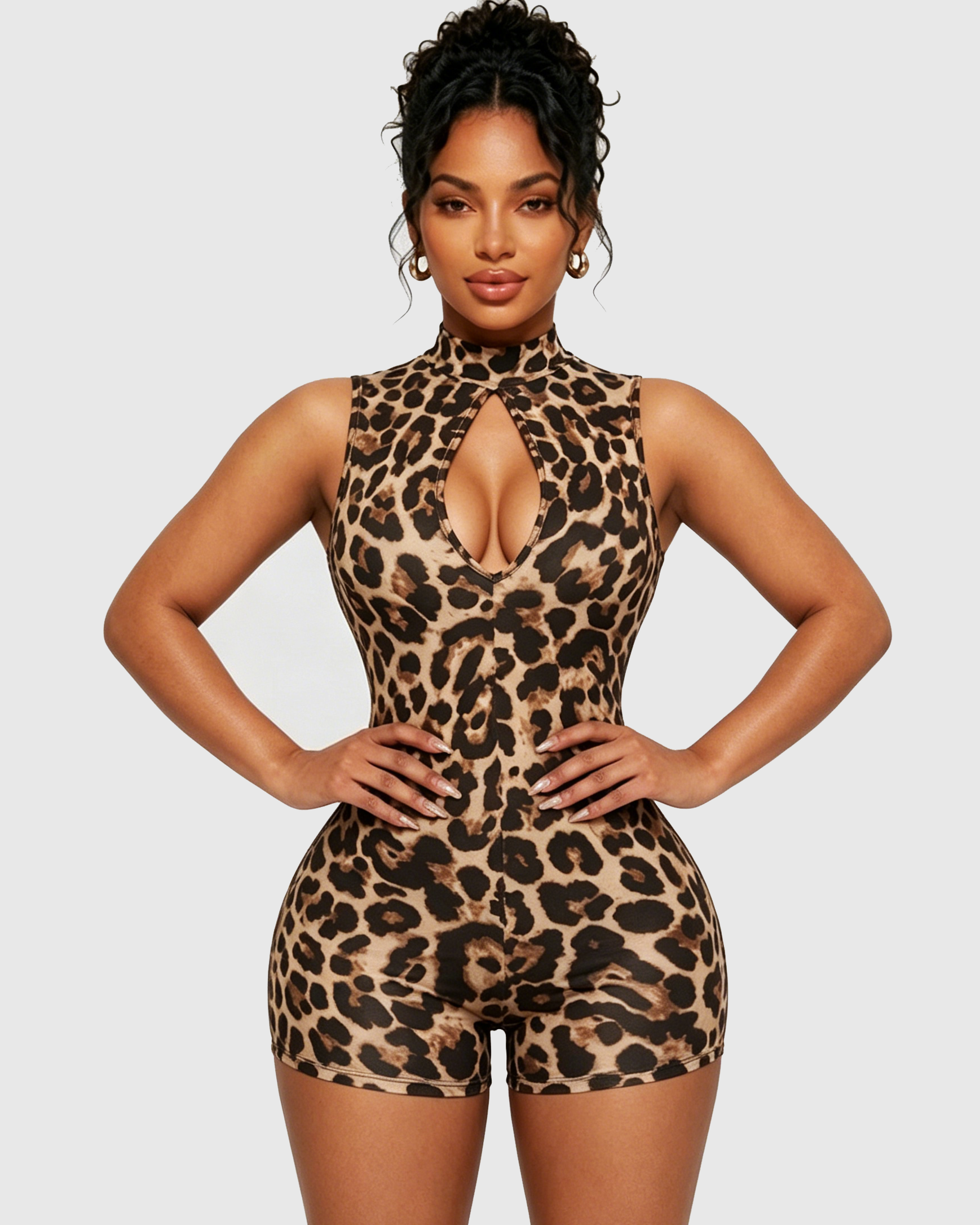 Leopard Print Sleeveless High Neck Front Cutout Back Butt Lifting Short Jumpsuit - By Qivii