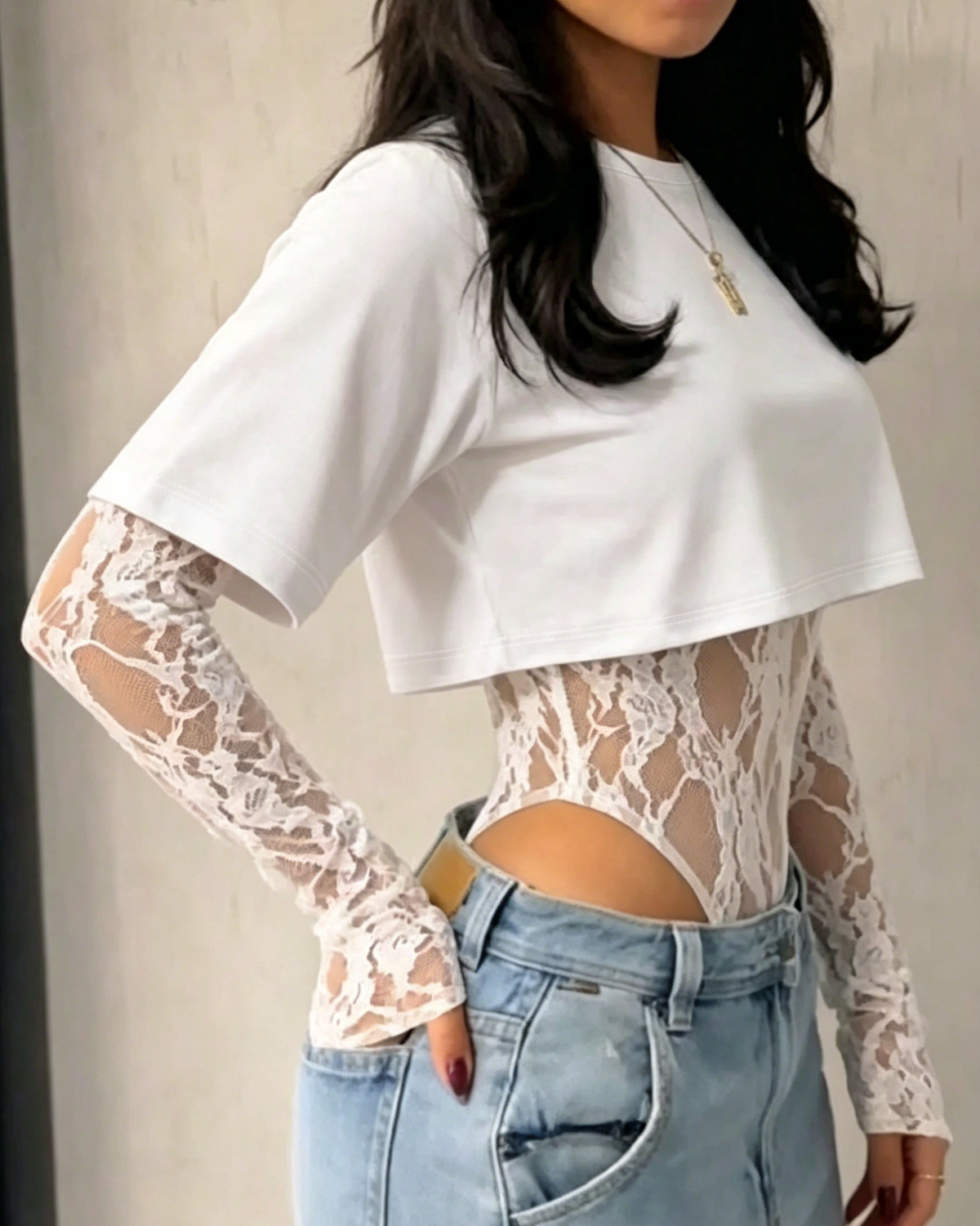 Short Sleeve Crop Top Lace Bodysuit Two Piece Outfit