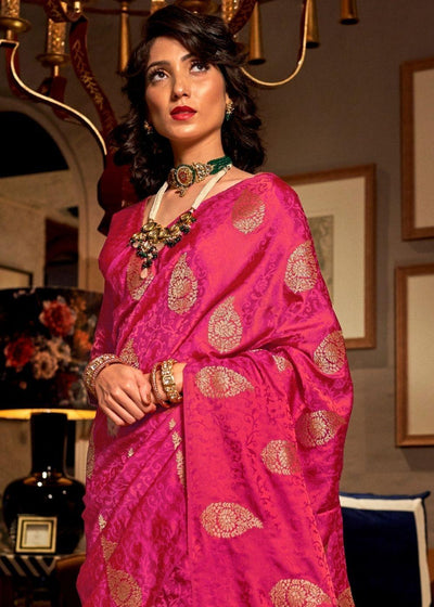 Ruby Pink Satin Woven Silk Saree with overall Golden Buti - qivii