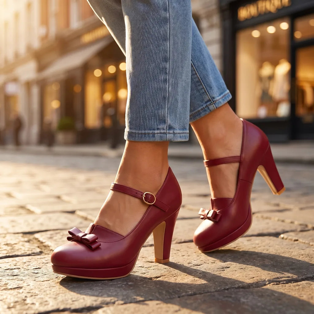 Ruby women's Mary Jane heels by Hudson Ridge, stylish black and red footwear with a classic strap design and low heel.