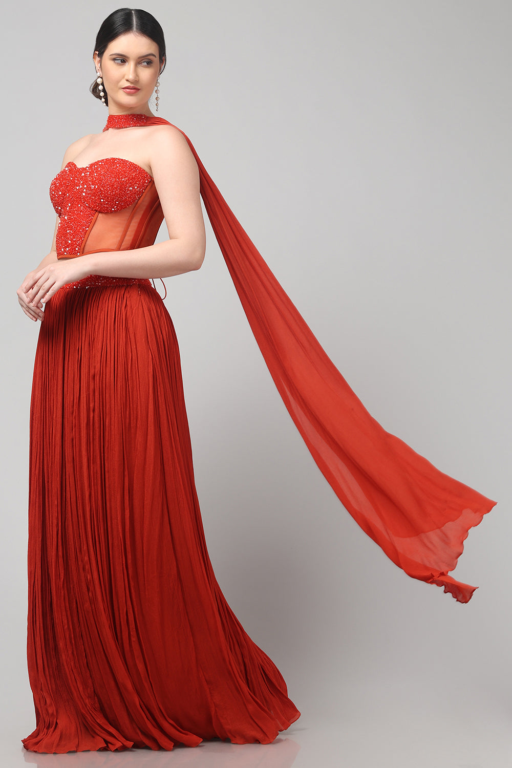 Rust Orange Corset with pleated Skirt & Dupatta