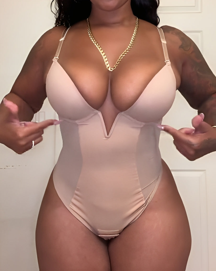 Sexy Plunge Neck Backless Mesh Panel Shapewear Thong Bodysuit