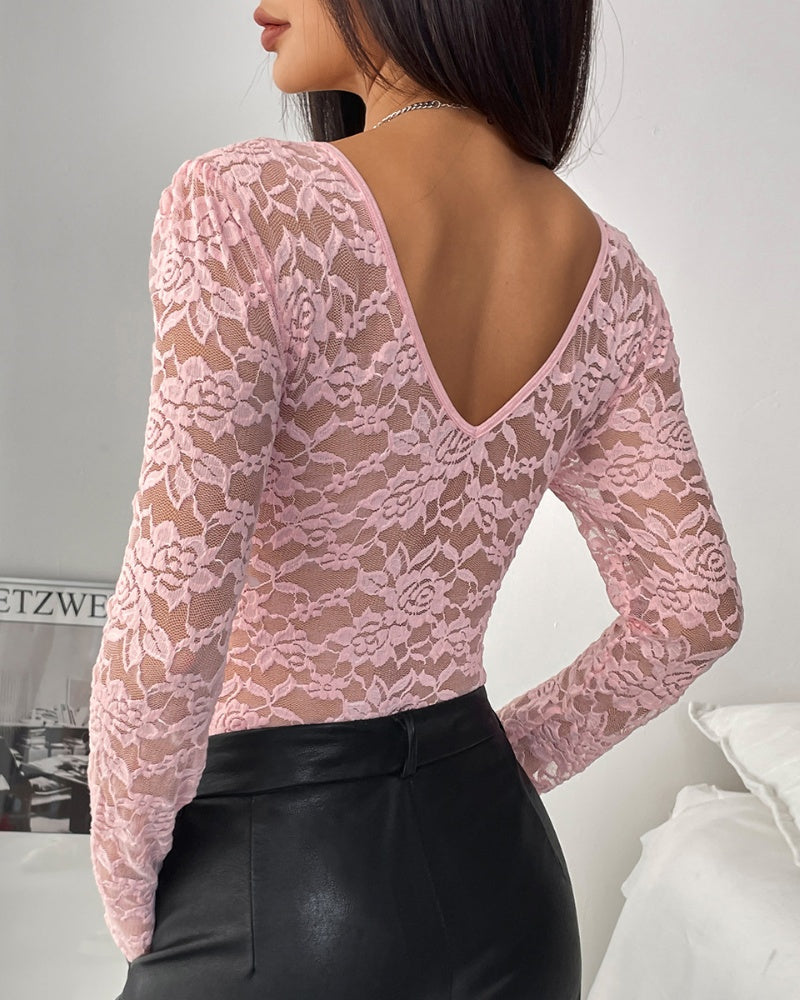 Floral Lace Sheer Long Sleeve Bodysuit V Neck Slim Fit Thong Body Shaper - By Qivii