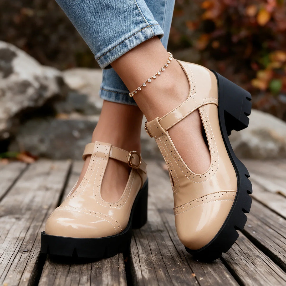 Beige Sadie women's orthopedic Mary Jane heels by Qivii, with supportive design and classic strap detail, ideal for comfortable stylish footwear.