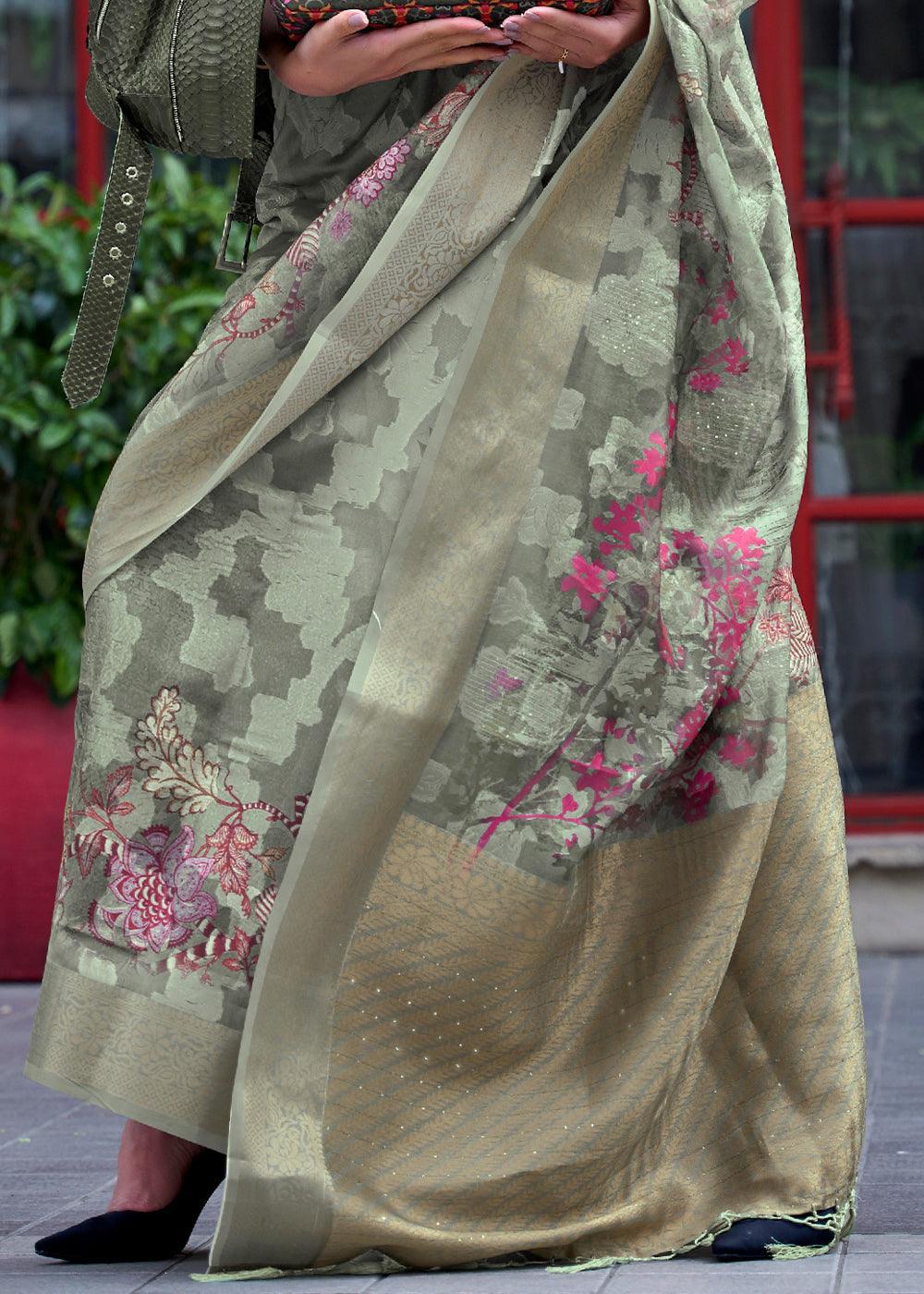 Sage Green Printed Soft Silk Saree - qivii