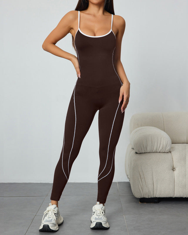 Seamless Athletic Jumpsuit Cross-Strap Color-Block Full-Length Bodysuit - By Qivii