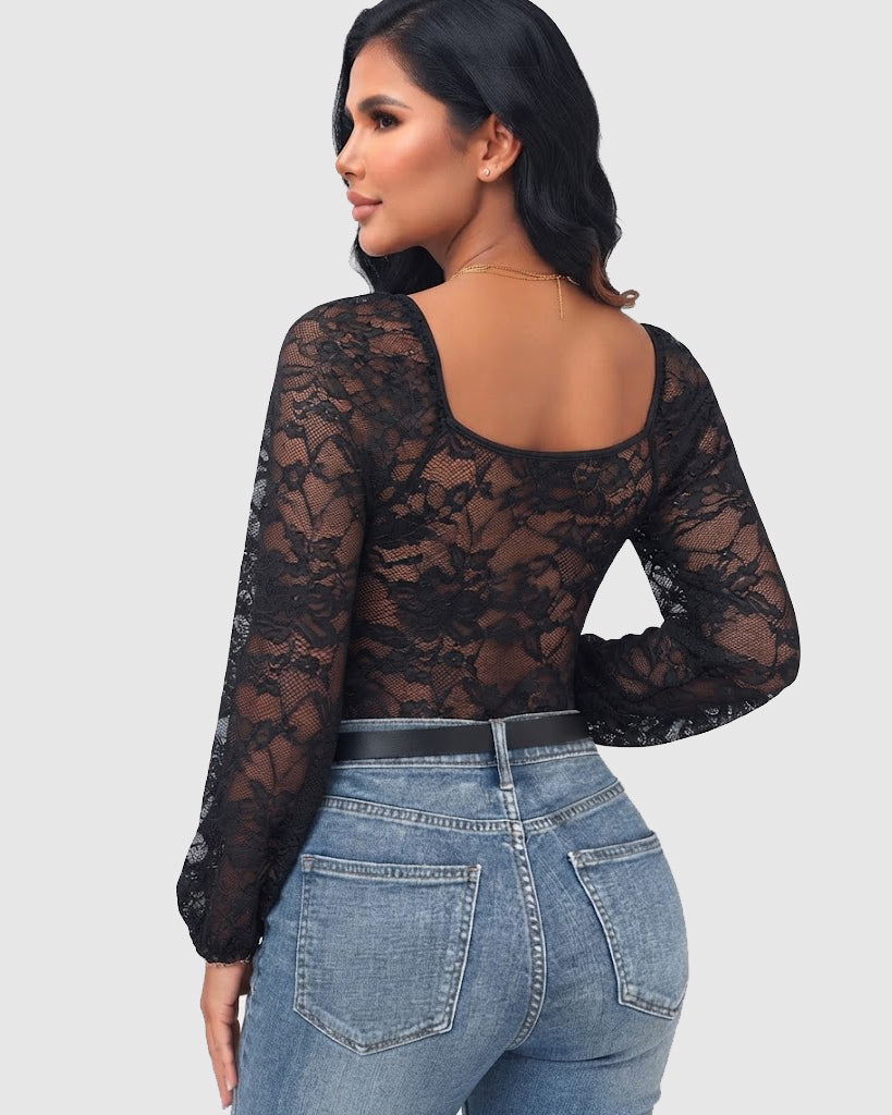 Sexy Long Sleeve Lace Floral Corset Bodysuit