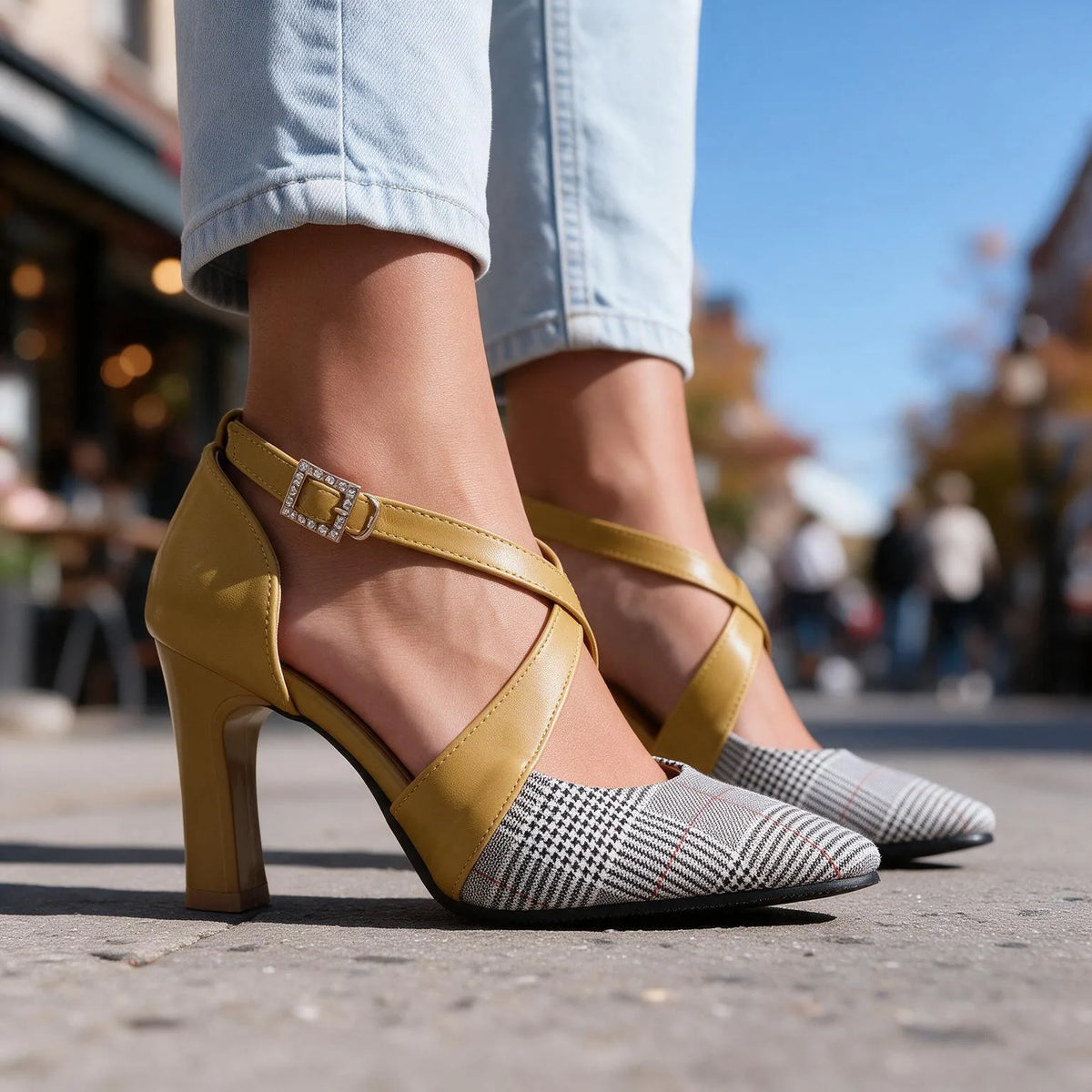 Brown Scarlett Houndstooth Heels by Qivii, women's footwear with stylish houndstooth pattern and pointed toe design.