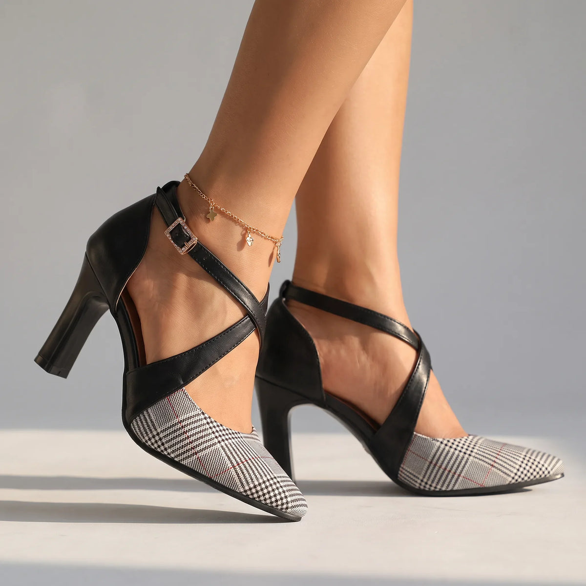 Scarlett Houndstooth Heels by Hudson Ridge, women's footwear with stylish multi-colored houndstooth pattern and pointed toe design.