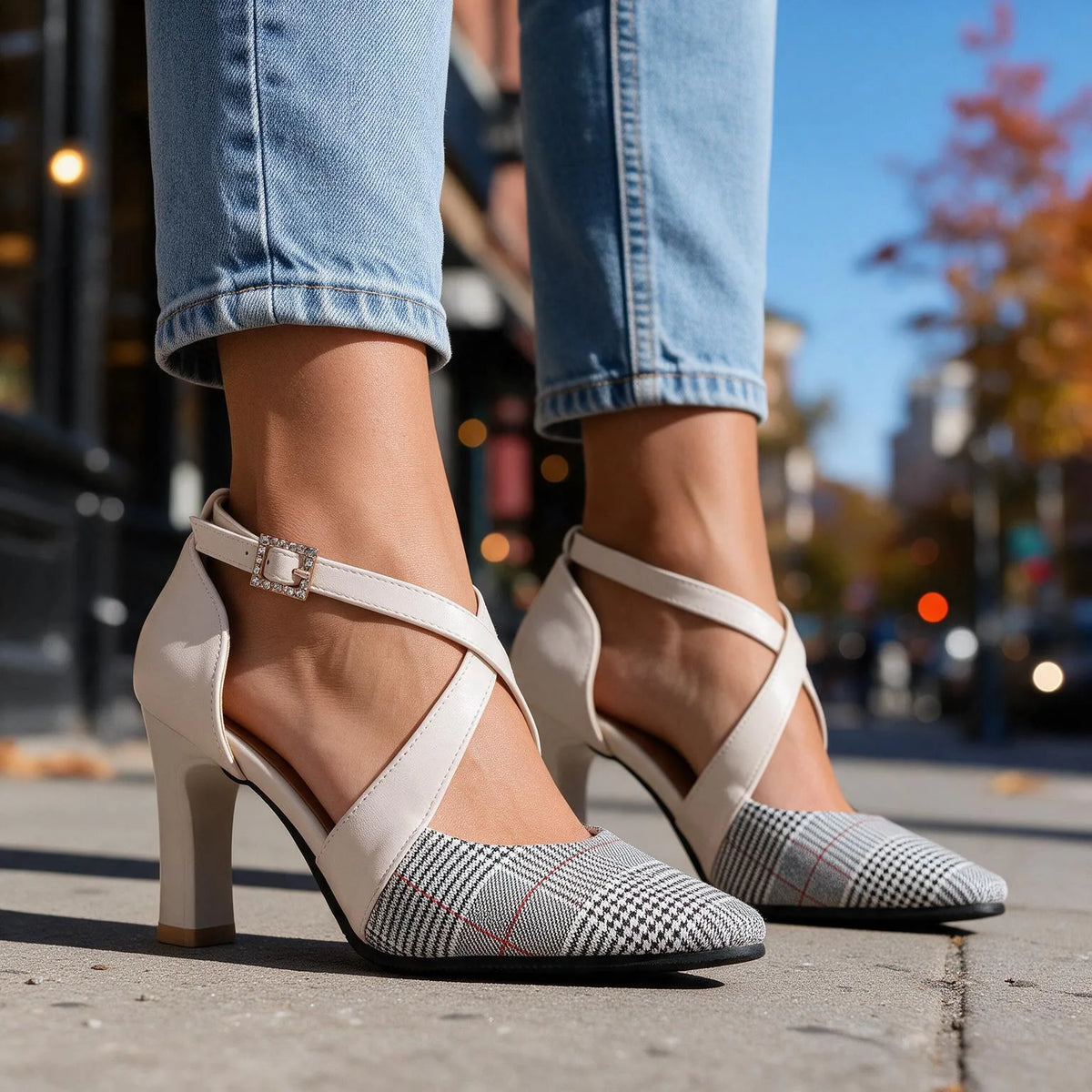 Scarlett Houndstooth Heels by Qivii for women, stylish white footwear with a classic houndstooth pattern and pointed toe design.