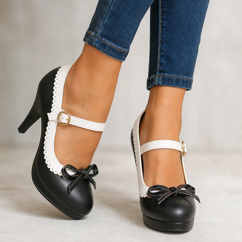 Black Seraphina women's orthopedic bow Mary Jane heels by Hudson Ridge, featuring a stylish strap and comfortable design.