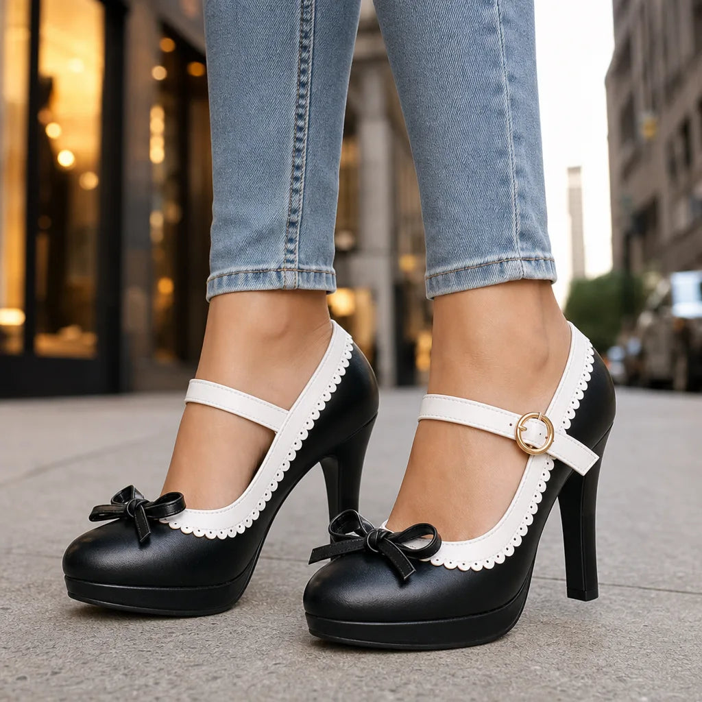 Black women's orthopedic bow Mary Jane heels by Hudson Ridge, featuring a stylish design with supportive footwear for women.