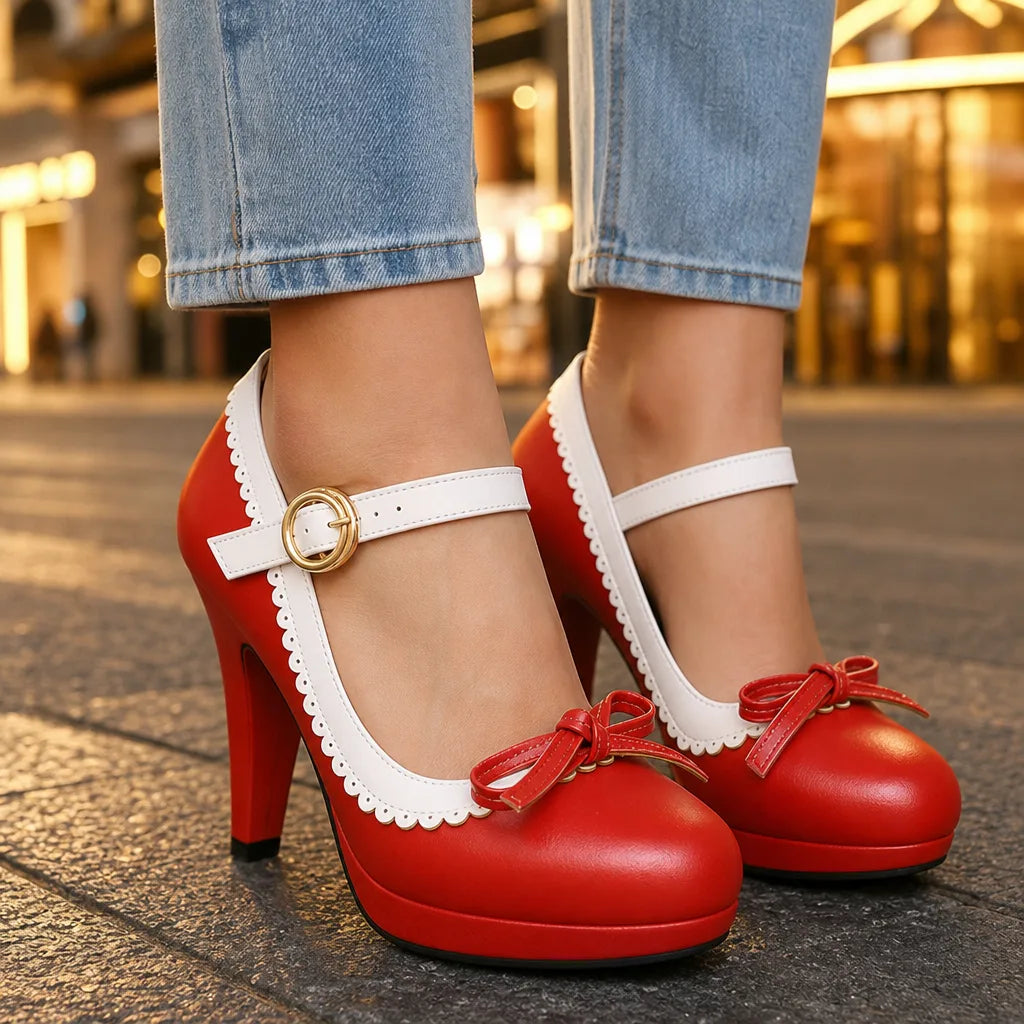 Red Seraphina women's orthopedic bow Mary Jane heels by Hudson Ridge, stylish and comfortable women's footwear with supportive design.