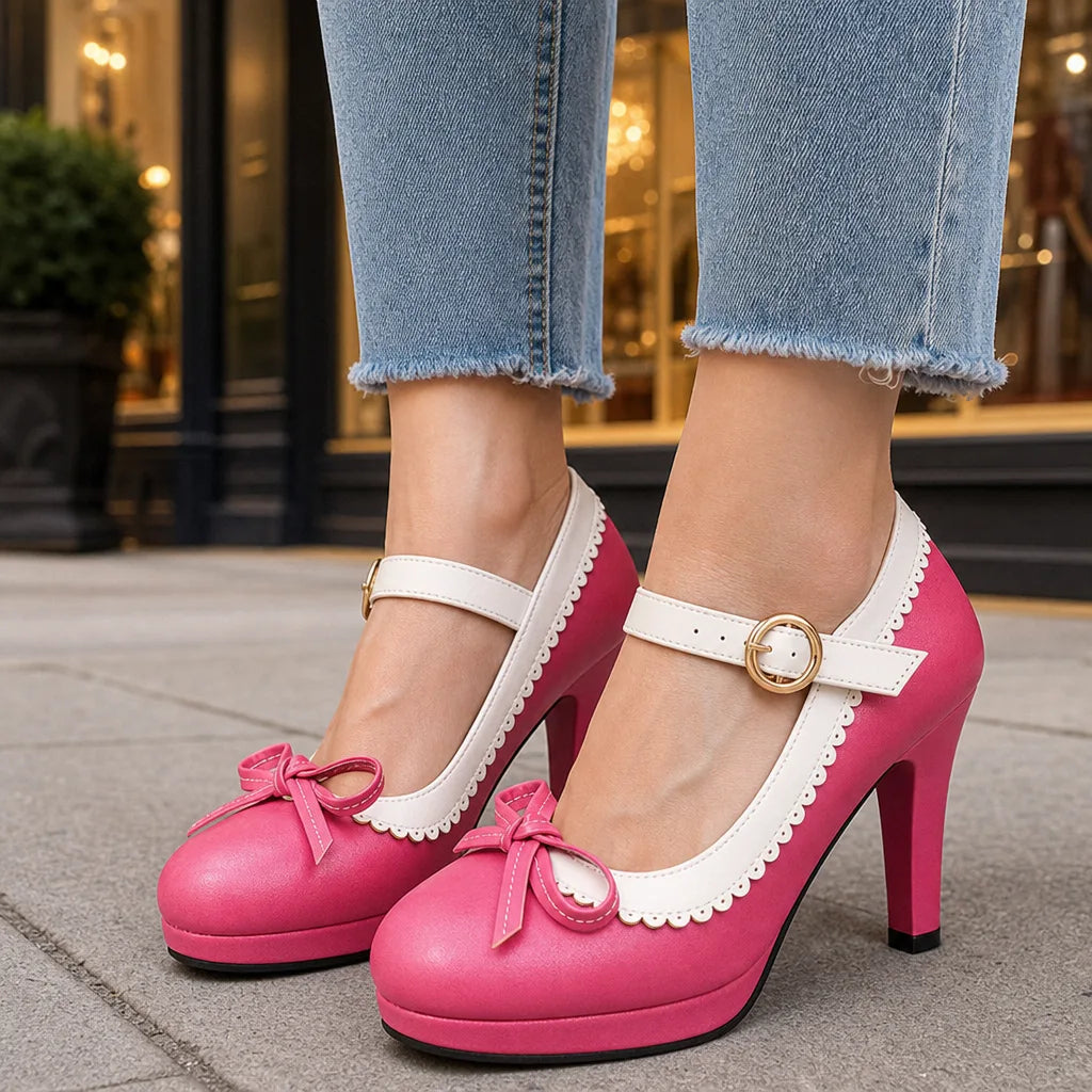 Seraphina women's orthopedic bow Mary Jane heels in rose color, stylish and comfortable footwear by Hudson Ridge.