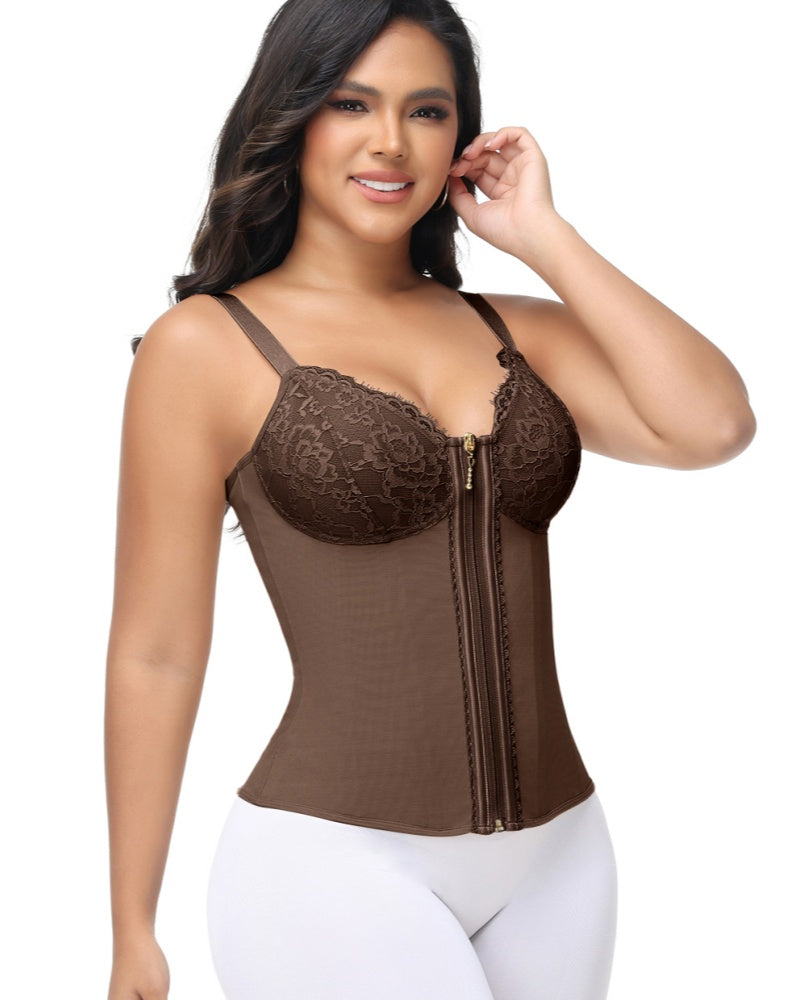 Shapshe® Deep V Lace Corset Top Trimmed Waist Trainer with Front Zipper