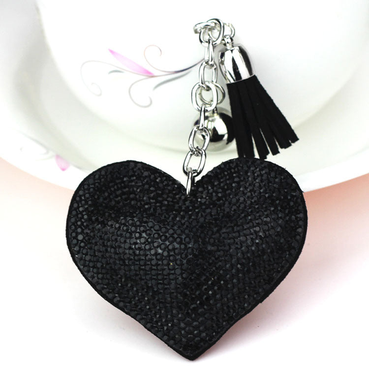 Ounamei Rhinestone Heart Keychain | Crystal Bling Tassel Bag Charm