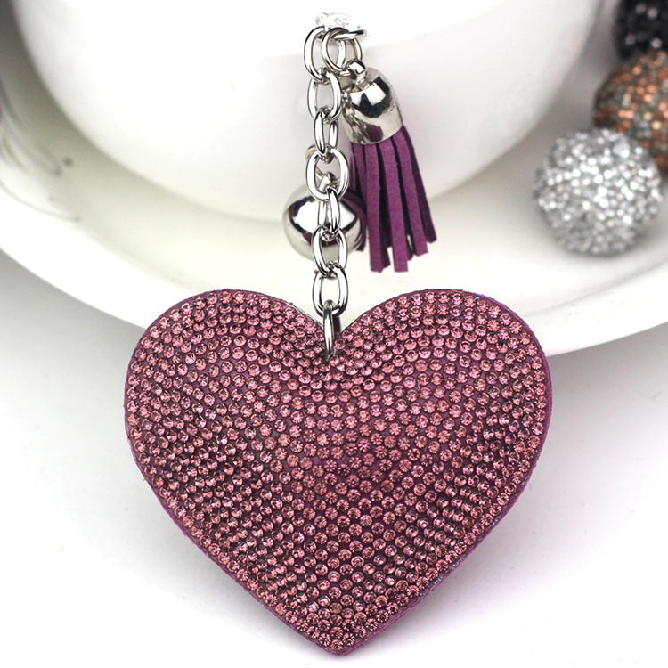Ounamei Rhinestone Heart Keychain | Crystal Bling Tassel Bag Charm