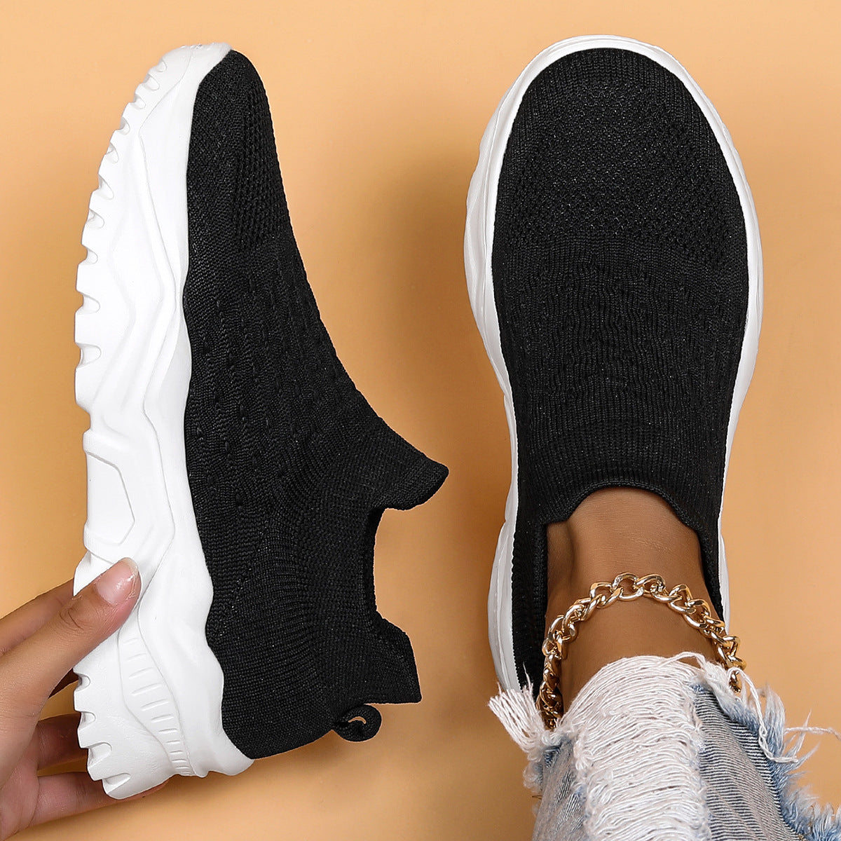 Women's Avielle Knit Slip-On Sneakers - Chunky Ridged Sole Walking Shoes (US 4-11)
