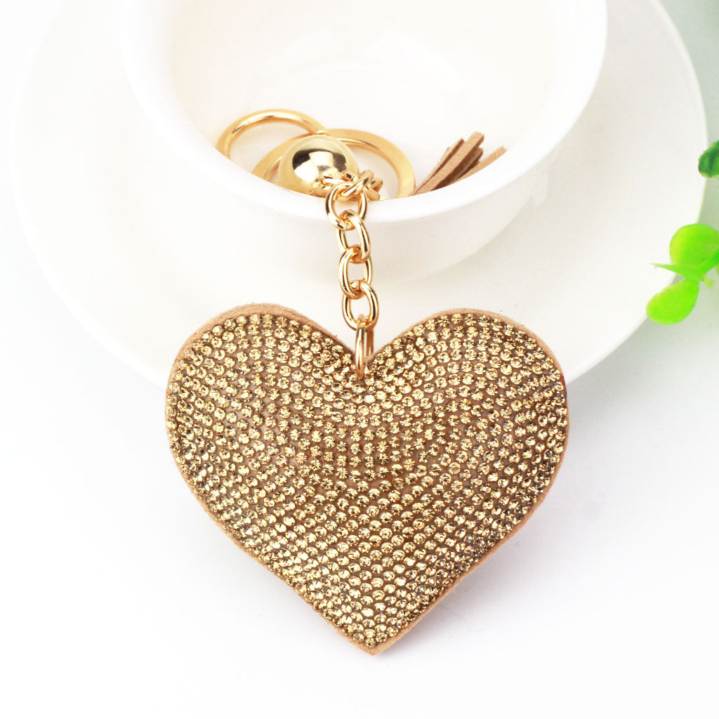 Ounamei Rhinestone Heart Keychain | Crystal Bling Tassel Bag Charm
