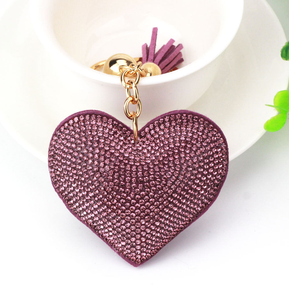 Ounamei Rhinestone Heart Keychain | Crystal Bling Tassel Bag Charm