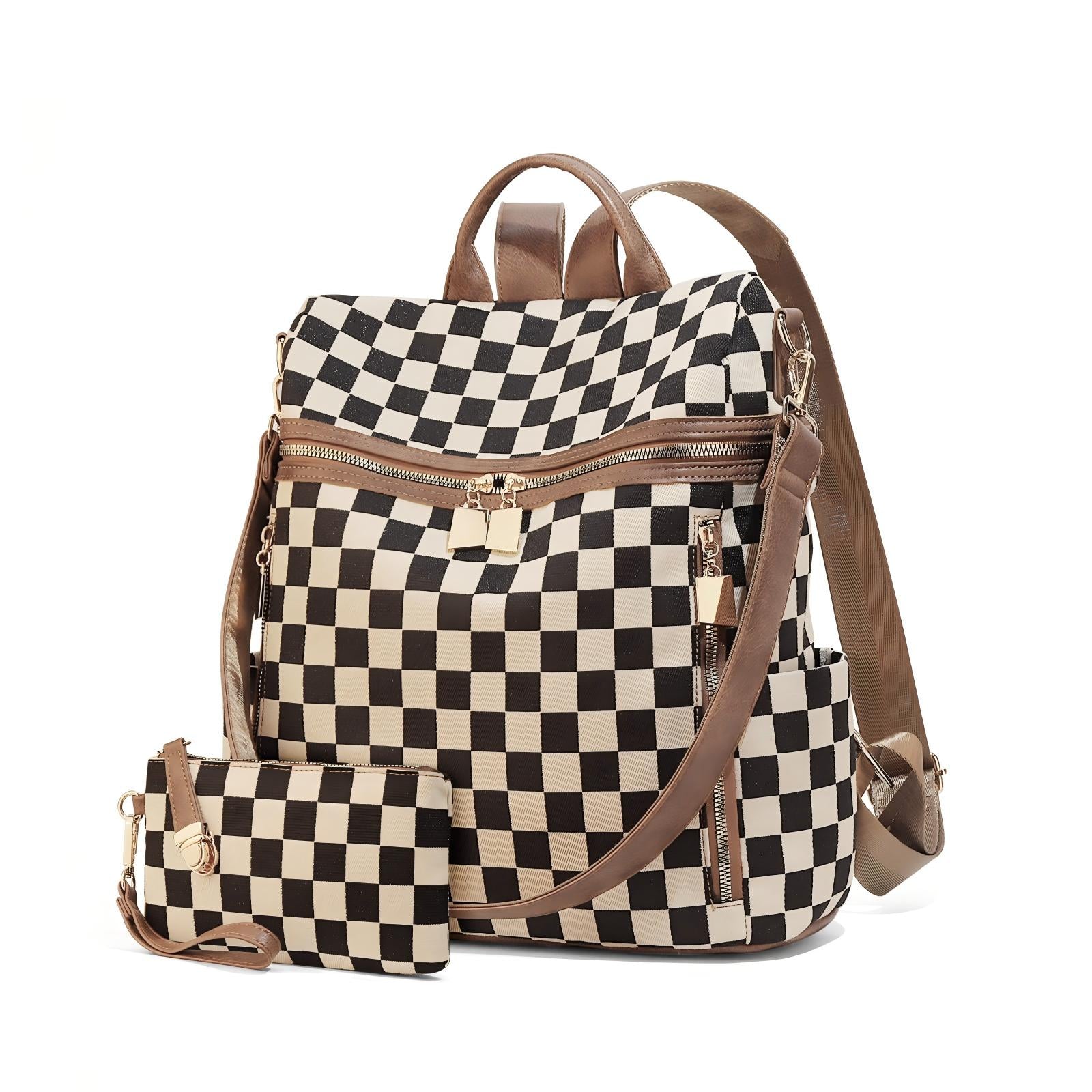 Ounamei Checkered Canvas Backpack Purse for Women with Matching Pouch | Large Capacity Travel & Daily Bag