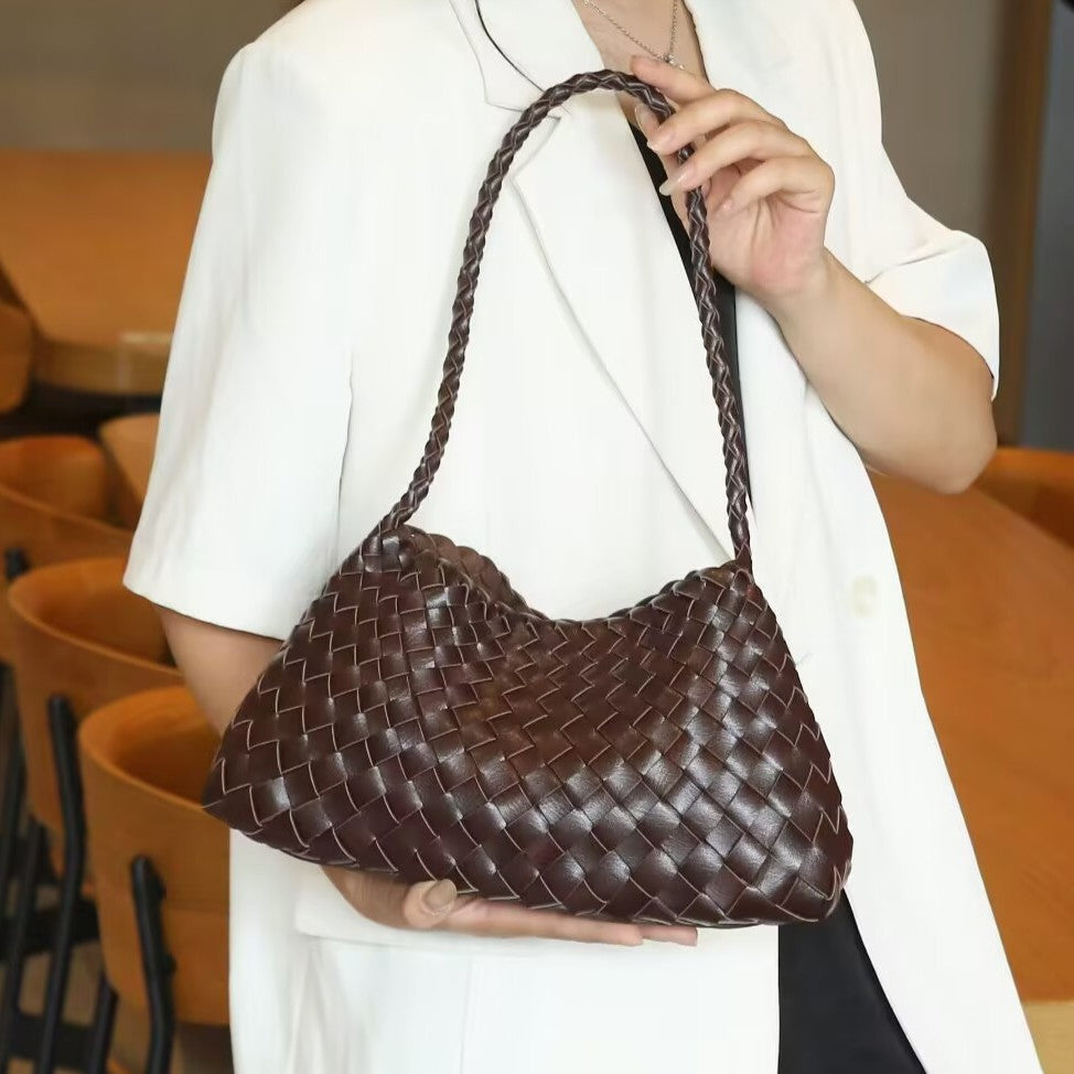 Women’s Genuine Leather Woven Heritage Tote – Handcrafted Vintage Shoulder & Underarm Bag, Minimalist Elegant Design