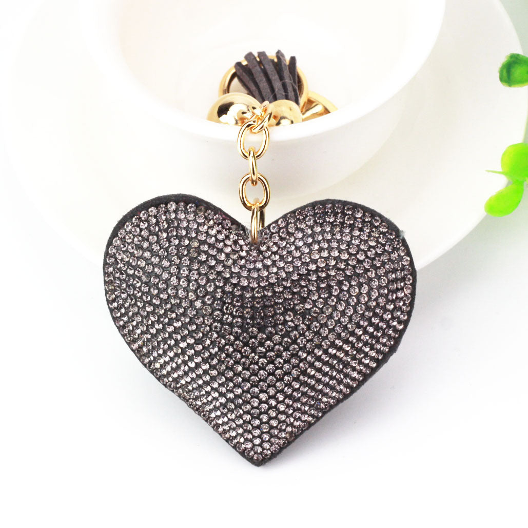 Ounamei Rhinestone Heart Keychain | Crystal Bling Tassel Bag Charm
