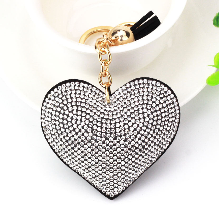 Ounamei Rhinestone Heart Keychain | Crystal Bling Tassel Bag Charm