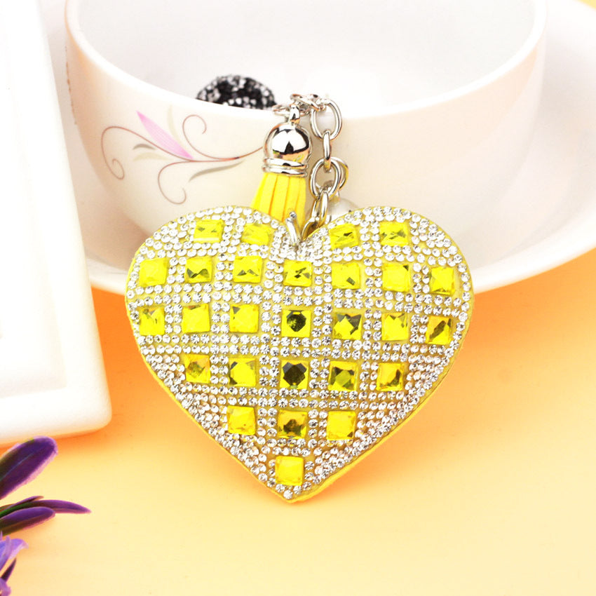 Ounamei Rhinestone Heart Keychain | Crystal Bling Tassel Bag Charm