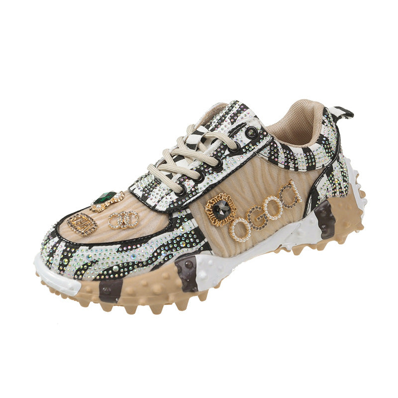 Women’s Lumira Embroidered Letter Mesh Platform Sneakers – Rhinestone Detail Chunky Sole Light Luxury Fashion Sneakers (US 4–10.5)
