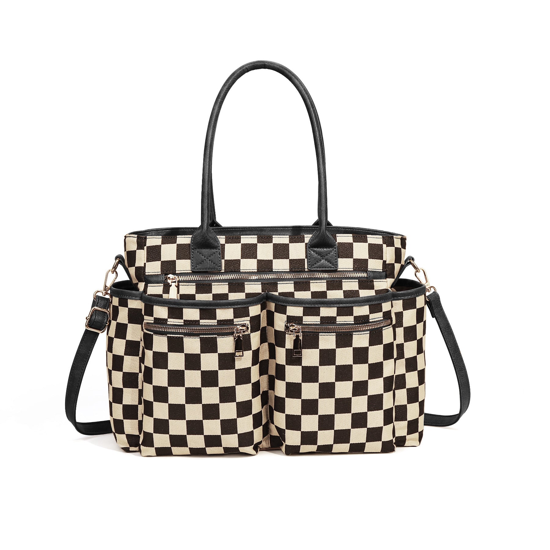 Ounamei Large Checkered Tote Bag for Women | Multi-Pocket Crossbody Shoulder Handbag for Work & Daily Use