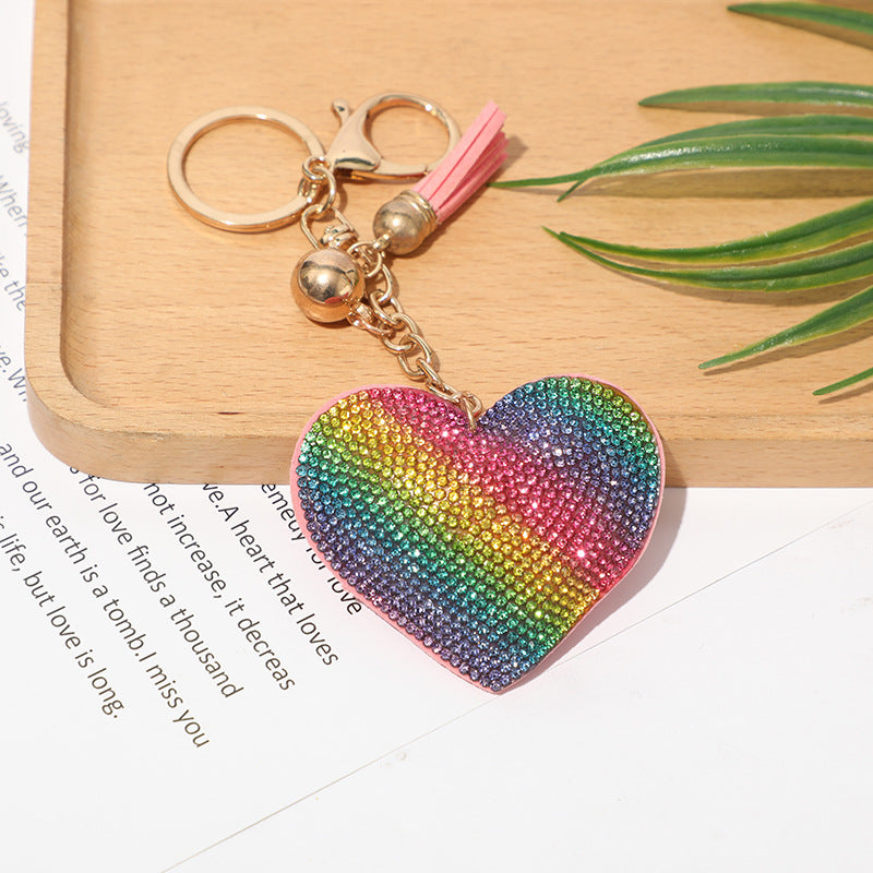 Ounamei Rhinestone Heart Keychain | Crystal Bling Tassel Bag Charm