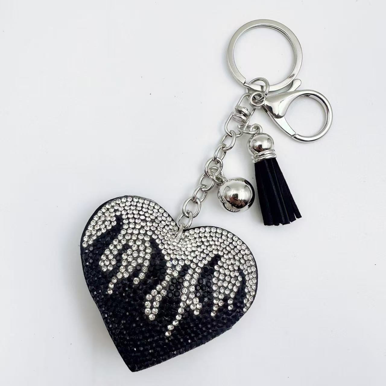 Ounamei Rhinestone Flaming Heart Keychain | Crystal Bling Tassel Bag Charm
