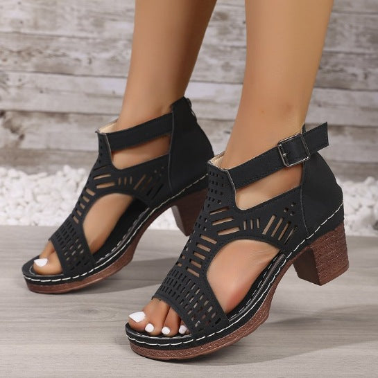 Women’s Cove Buckle Peep-Toe Heels – Cutout Chunky High Heel Sandals (US 5–10.5)