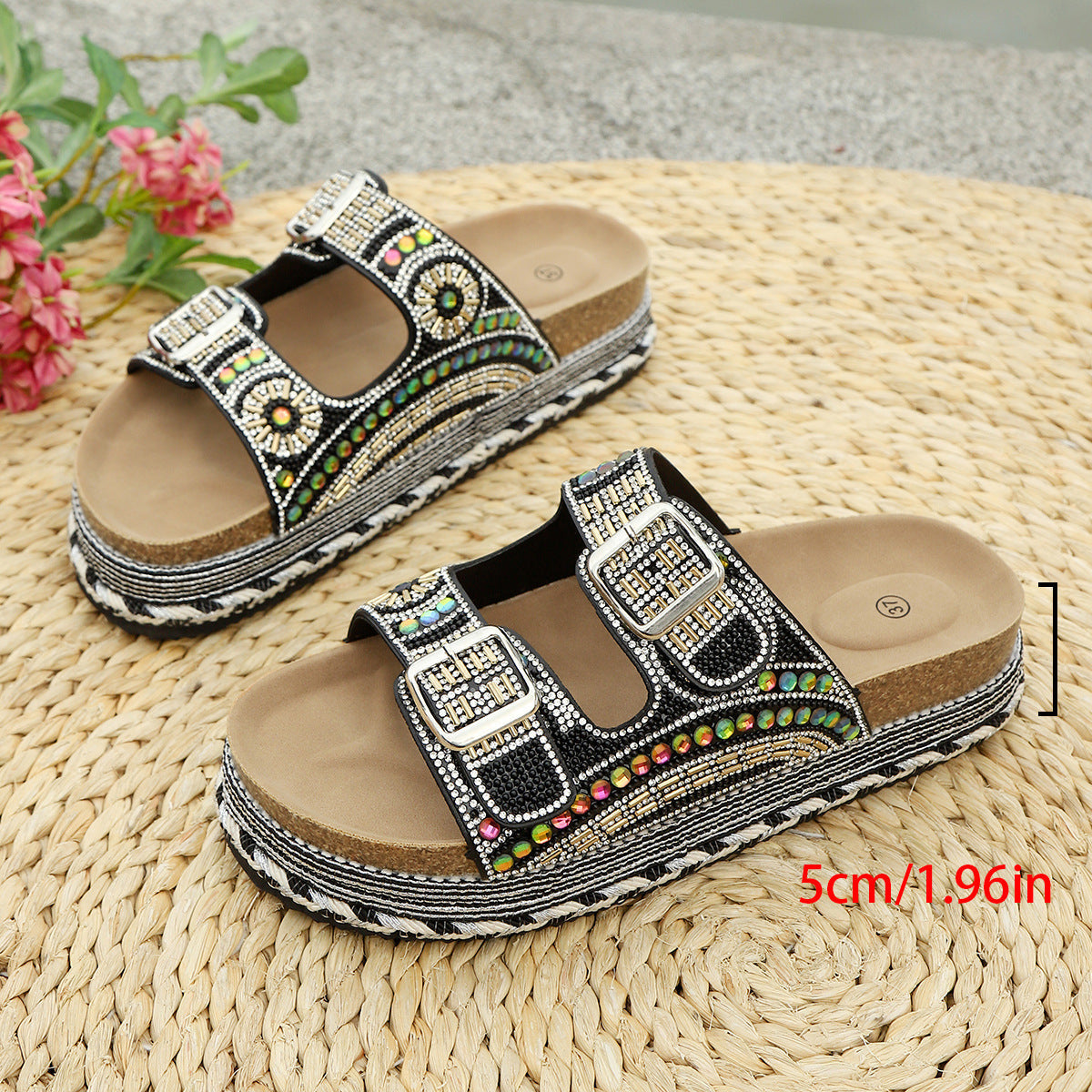 Women’s Calyra Rhinestone Platform Slide Sandals – Boho Metallic Buckle Rope Detail Resort Slides (US 5–10.5)