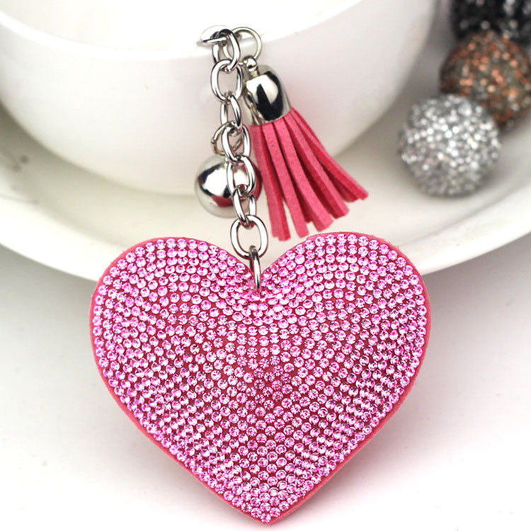 Ounamei Rhinestone Heart Keychain | Crystal Bling Tassel Bag Charm