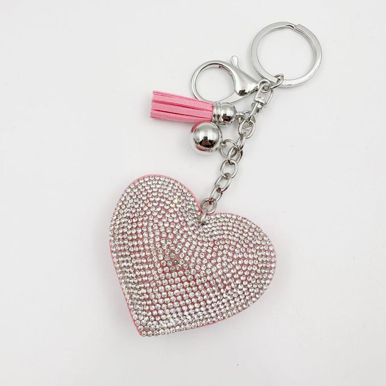Ounamei Rhinestone Heart Keychain | Crystal Bling Tassel Bag Charm