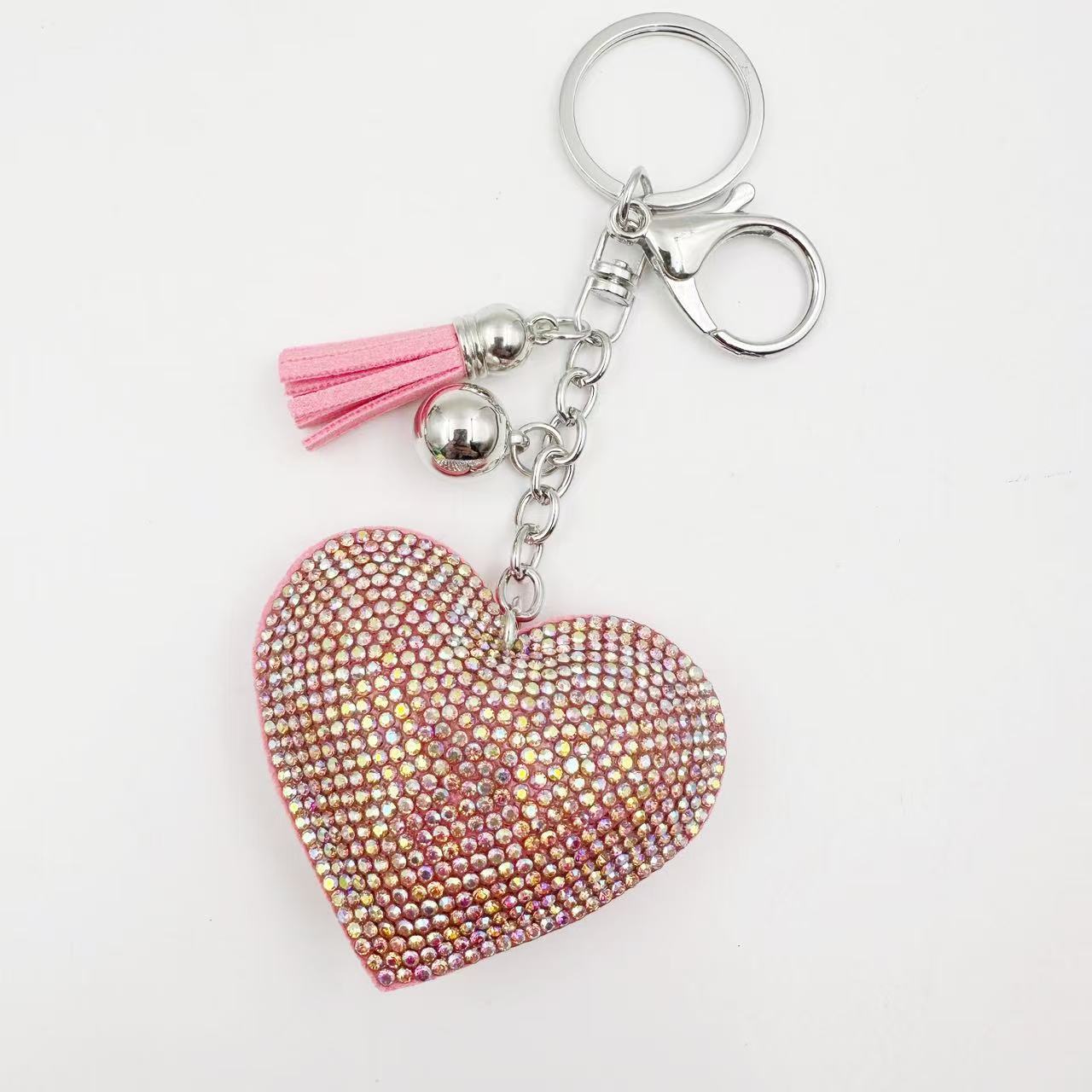 Ounamei Rhinestone Heart Keychain | Crystal Bling Tassel Bag Charm