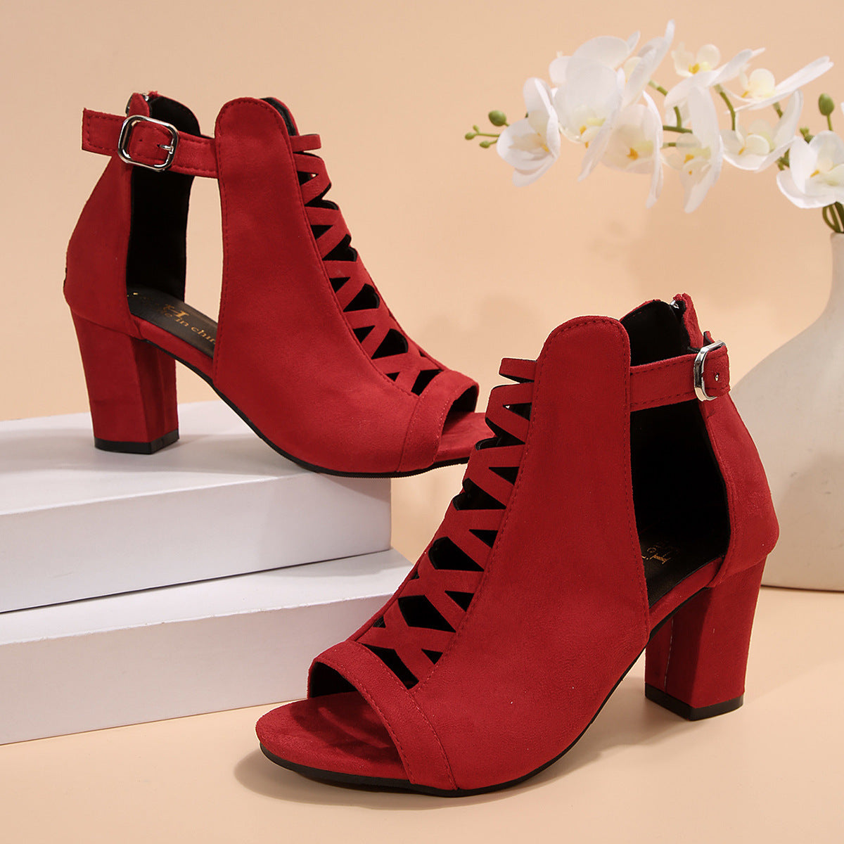 Women's Odette Suede Peep-Toe Cutout Bootie Sandals – Buckle Strap Chunky Heel Sophisticated Boot Sandals (US 3.5–11.5)